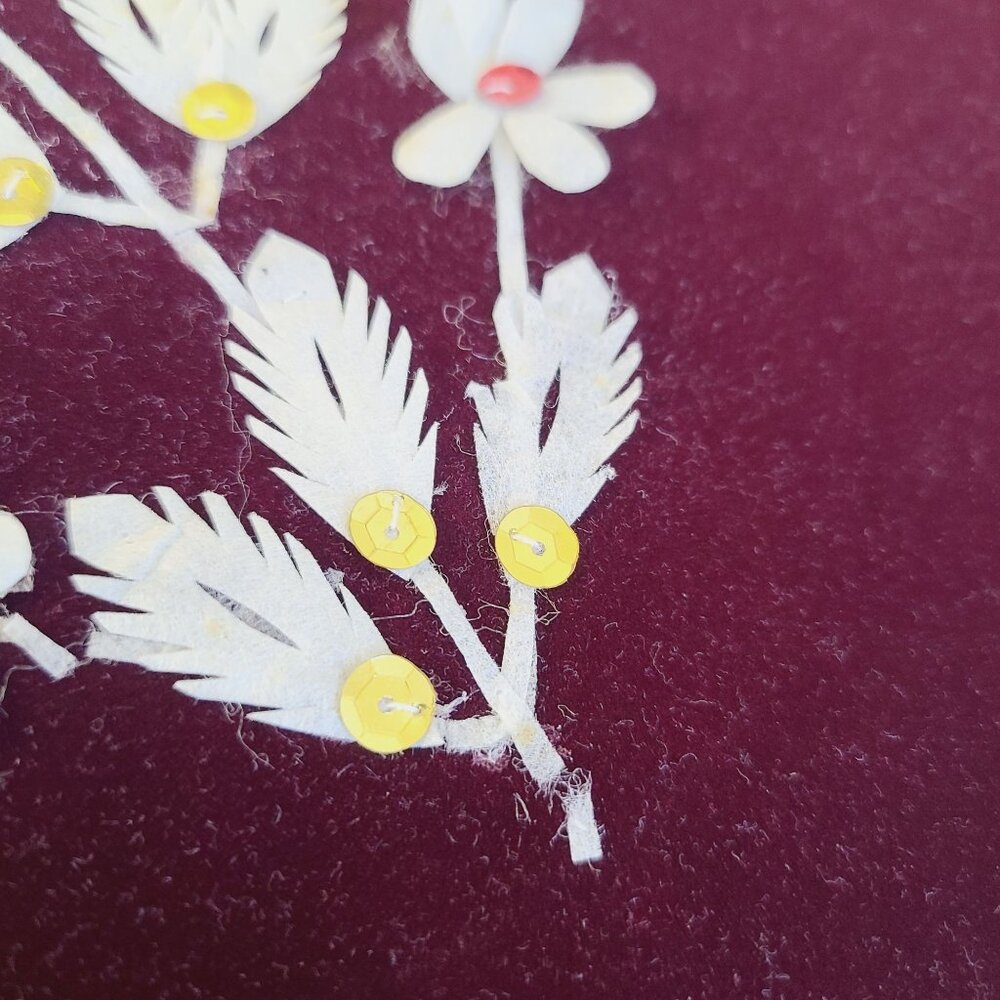Handcrafted Floral Applique On Deep Burgundy Velvet 1970's White Petals Sequence - Picture 6 of 11